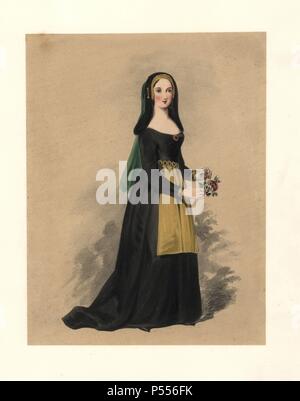 Dress of the reign of King Henry VII, 14851509. She wears a black dress  with gold apron, and a black hood with green veil. The ornament which  fastens the hood, the clog or clock, is mentioned in the Ordinance issued  by Margaret, Countess of Richmond ...