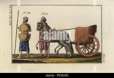 Persian with spear and shield, and a Persian chariot. Handcolored copperplate engraving from Robert von Spalart's 'Historical Picture of the Costumes of the Principal People of Antiquity and of the Middle Ages' (1797). Stock Photo