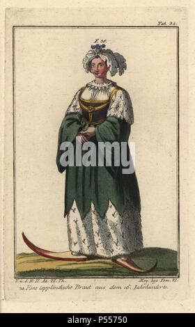 Bride from Lapland wearing a dress of ermine and sable, and a headdress of fur cut to look like feathers. in the 1600s. Handcolored copperplate engraving from Robert von Spalart's 'Historical Picture of the Costumes of the Peoples of Antiquity, the Middle Ages and the New Era,' written by Leopold Ziegelhauser, Vienna, 1837. Illustration from Cesare Vecellio's Habiti antichi e moderni, Venice, 1590. Stock Photo