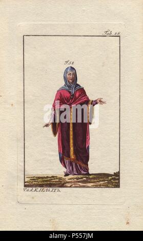 An Anglo Saxon woman (or queen in some editions) wearing a wide-sleeved dress. From the 9th century to the 10th century, women's sleeves evolved into wider, flared shapes. The woman is depicted here wearing a light-blue scarf over her head and neck, a crimson mantle, a wine-coloured tunic with wide sleeves decorated with gold, over a lilac robe. . . Handcolored copperplate engraving from Robert von Spalart's 'Historical Picture of the Costumes of the Principal People of Antiquity and of the Middle Ages' (1796). Stock Photo