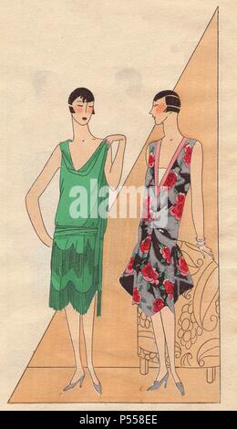 1920s art deco fashions: Woman in evening dress in green crepe with  fringes, and a woman in a satin evening dress with large floral print in  scarlet, black and grey. . Handcolored