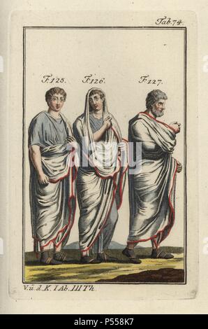 Three Roman men wearing the toga in different ways. Handcolored copperplate engraving from Robert von Spalart's 'Historical Picture of the Costumes of the Principal People of Antiquity and of the Middle Ages' (1798). Stock Photo