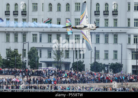 Budapest, Hungary. 24th June, 2018. Australian pilot Matt Hall flies his aircraft at the 2018 Red Bull Air Race World Championship in Budapest, Hungary, on June 24, 2018. Credit: Csaba Domotor/Xinhua/Alamy Live News Stock Photo