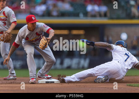 St. Louis Cardinals Patrick Wisdom (L) and Yairo Munoz rip the shirts from  the back of Tyler O'Neill after O'Neill hit a walk off home run against the  San Francisco Giants in