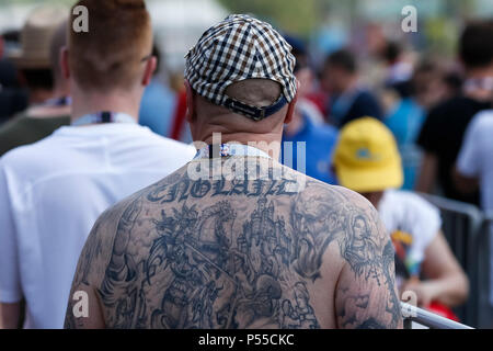 An England fan queues up before the 2018 FIFA World Cup Group G match between England and Panama at Nizhny Novgorod Stadium on June 24th 2018 in Nizhny Novgorod, Russia. (Photo by Daniel Chesterton/phcimages.com) Stock Photo