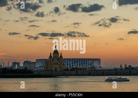 A general view of Nizhny Novgorod Stadium behind Alexander Nevsky Cathedral as the sun sets after the 2018 FIFA World Cup Group G match between England and Panama at Nizhny Novgorod Stadium on June 24th 2018 in Nizhny Novgorod, Russia. (Photo by Daniel Chesterton/phcimages.com) Stock Photo