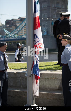 London,UK,25th June 2018,The Mayor of London, Sadiq Khan and Chairman of the London Assembly, Tony Arbour welcomed members of the British Armed Forces, cadets, veterans and representatives from various military charities and welfare organisations today for a Armed Forces Day flag raising ceremony at City Hall. Credit: Keith Larby/Alamy Live News Stock Photo