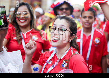 Panama fans seen watching the England vs Panama match in the fan zone. The FIFA World Cup 2018 is the 21st FIFA World Cup which starts on 14 June and ends on 15 July 2018 in Russia. Stock Photo
