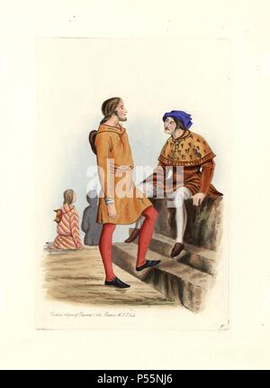 Male costume in the reigns of Edward I and II (1272-1327). Men in colourful short tunics and stockings. Handcolored engraving from 'Civil Costume of England from the Conquest to the Present Period' drawn by Charles Martin and etched by Leopold Martin, London, Henry Bohn, 1842. The costumes were drawn from tapestries, monumental effigies, illuminated manuscripts and portraits. Charles and Leopold Martin were the sons of the romantic artist and mezzotint engraver John Martin (1789-1854). Stock Photo