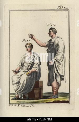Emperor Augustus (seated) and Roman nobleman in togas. Handcolored copperplate engraving from Robert von Spalart's 'Historical Picture of the Costumes of the Principal People of Antiquity and of the Middle Ages' (1798). Stock Photo