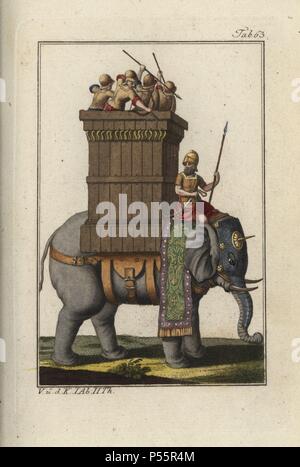 Indian war elephant with soldiers and archers in a tower palanquin. Handcolored copperplate engraving from Robert von Spalart's 'Historical Picture of the Costumes of the Principal People of Antiquity and of the Middle Ages' (1797). Stock Photo