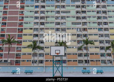 Hong Kong's colorful housing estate with Basketball court Stock Photo