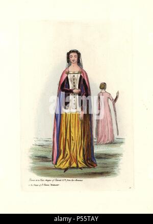 Blanch de la Tour, daughter of Edward III, from her monument in the Chapel of St. Edward, Westminster. Background figure from manuscript of the time. Handcolored engraving from 'Civil Costume of England from the Conquest to the Present Period' drawn by Charles Martin and etched by Leopold Martin, London, Henry Bohn, 1842. The costumes were drawn from tapestries, monumental effigies, illuminated manuscripts and portraits. Charles and Leopold Martin were the sons of the romantic artist and mezzotint engraver John Martin (1789-1854). Stock Photo