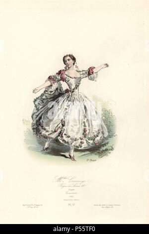 Mlle. Camargo, reign of Louis XV, 1730. Marie Camargo was a French ballet dancer who made her Paris debut at age 15 in 1726. Handcoloured steel engraving by Polidor Pauquet after Nicolas Lancret from the Pauquet Brothers' 'Modes et Costumes Historiques' (Historical Fashions and Costumes), Paris, 1865. Hippolyte (b. 1797) and Polydor Pauquet (b. 1799) ran a successful publishing house in Paris in the 19th century, specializing in illustrated books on costume, birds, butterflies, anatomy and natural history. Stock Photo
