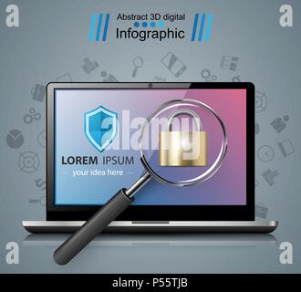Security notebook illustration. Loupe, lock icon. Stock Vector