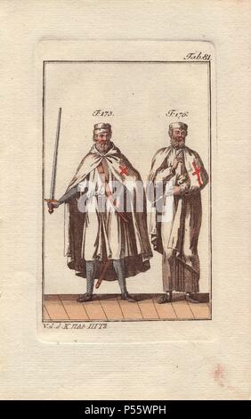 Two Knights Templar are shown in battle garb (175), armed and wearing chainmail armor beneath his robes, and in house wear (176), or monastery robes.. . The Order of the Knights Templar was a military order founded in 1118 by Hugues de Payens, a knight of Champagne, and eight other knights to protect pilgrims to the Holy Land. From humble beginnings as 'Poor Knights of the Temple,' they grew to become a powerful and rich army of warrior monks, with barracks/ monasteries all over Europe, and several castles in Palestine: Safed (1140), Karak (1143), and Castle Pilgrim (1217). The order came to a Stock Photo