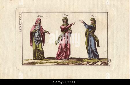 'Anglo Saxon woman wearing a tunic, a mantle and veil (33), Anglo Saxon woman wearing a floating veil (34), and a woman with a belt and veil (35).'. . 'The veil was very large and covered the hair, fell over the shoulders and descended almost to the knees (33). The manner of depicting the floating veil proved the taste of the artist. Fig. 34 is one example, but usually one could not see the two ends (35).' . . Handcolored copperplate engraving from Robert von Spalart's 'Historical Picture of the Costumes of the Principal People of Antiquity and of the Middle Ages' (1796). Stock Photo