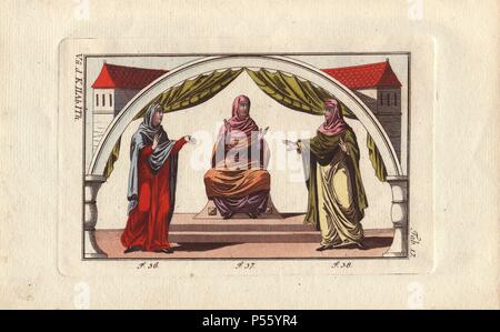 Anglo Saxon woman wearing a tunic, veil, mantle, and open-toe shoes (36), Anglo Saxon woman in tunic and veil (37), and Anglo Saxon woman in a veil in a different colour from her mantle (38).'. . 'Veils were dyed in various colours and made of fabrics probably more or less precious.' . . Handcolored copperplate engraving from Robert von Spalart's 'Historical Picture of the Costumes of the Principal People of Antiquity and of the Middle Ages' (1796). Stock Photo