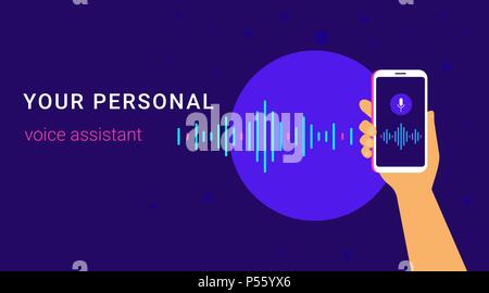 Personal assistant and voice recognition on mobile app. Concept flat vector illustration of human hand holds smartphone with microphone button on scre Stock Vector