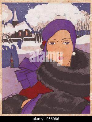 Fashionable woman of 1930 in winter. She wears a purple tight-fitting hat, a scarlet and purple coat trimmed with black fur, and stands in a winter scene in front of snow-covered trees and a church.. Handcolored pochoir (stencil) lithograph from the French luxury fashion magazine 'Art, Gout, Beaute' 1930. Stock Photo