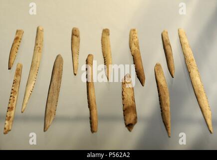 Bone objects. C. 8700 BC. Skottemarke, Lolland. Maglemosian Culture, 9500-6500 BC. Mesolithic. National Museum of Denmark. Copenhagen. Denmark. Stock Photo