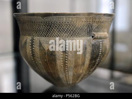 The Skarpsalling Pot. Troldebjerg style. 3200 BC. Neolithic Period. Found near Skarpsalling, Himmerland. National Museum of Denmark. Copenhagen. Denmark. Stock Photo