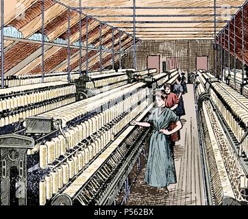 Textile Industry. 19th century. Ring Spinning. Manufacturing process of cotton yarn. Women working in the roving. Colored engraving. Stock Photo