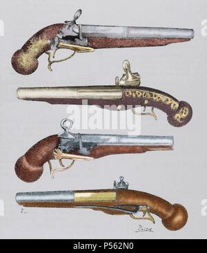 Ancient weapons. 18th century. From top to bottom: Catalan pistol, Arab pistol, Catalan pistol and French pistol. Colored engraving of The Illustration, 1890. Stock Photo