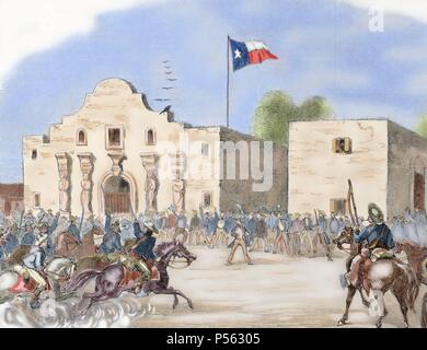 USA. Annexation of Texas. In December 1845, during the presidency of James Knox Polk, Texas became a state of the Union. The annexation meant the Mexican-American war of 1846-1848. Texas State Flag waving over The Alamo, San Antonio, after being admitted to the Union a month before the start of the Civil War, 1845. Engraving from 'Harper's Weekly' (1861). Colored. Stock Photo