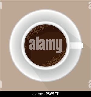 A Cup of coffee and saucer, top view flat design-Vector Realistic Illustration. Stock Vector