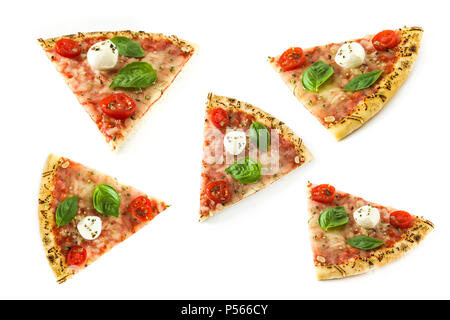Different views italian pizza slice with tomatoes, cheese and basil isolated on white background Stock Photo