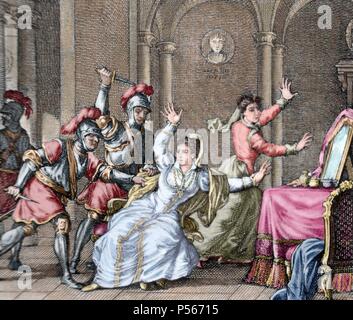 Ines de Castro (1325-1355). Queen consort of Portugal. Murder of Ines de Castro at the Monastery of Saint Claire the Older by Alonso Gonzalvez, Pedro Coelho and Diego Lopez Pacheco. Colored engraving. 18th century. Stock Photo