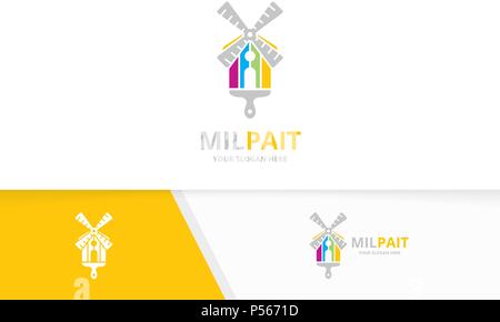 Vector mill and brush logo combination. Farm and paintbrush symbol or icon. Unique windmill and print logotype design template. Stock Vector