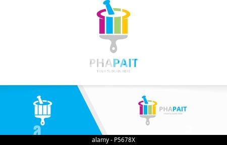 Vector pharmacy and brush logo combination. Pounder and paintbrush symbol or icon. Unique mortar and pestle logotype design template. Stock Vector