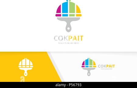 Vector dish and brush logo combination. Plate and paintbrush symbol or icon. Unique kitchen and print logotype design template. Stock Vector