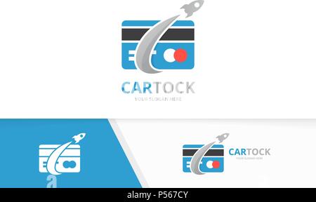 Vector credit card and rocket logo combination. Gift and airplane symbol or icon. Unique discount and flight logotype design template. Stock Vector