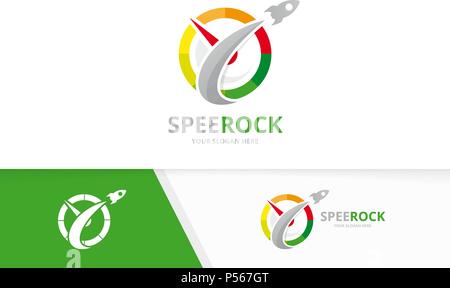 Vector speedometer and rocket logo combination. Tachometer and airplane symbol or icon. Unique speedo and flight logotype design template. Stock Vector