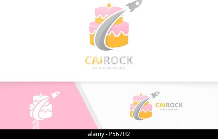 Vector cake and rocket logo combination. Pie and airplane symbol or icon. Unique cupcake and flight logotype design template. Stock Vector