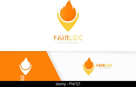 Vector fire and map pointer logo combination. Flame and gps locator symbol or icon. Unique torch and pin logotype design template. Stock Vector