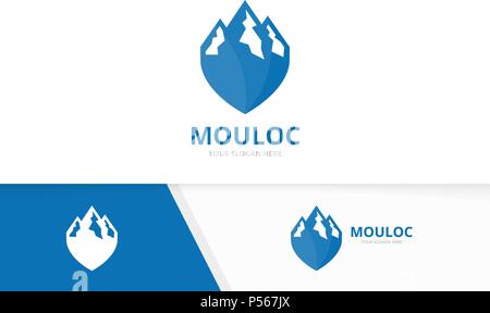 Vector mountain and map pointer logo combination. Nature and gps locator symbol or icon. Unique hill and pin logotype design template. Stock Vector