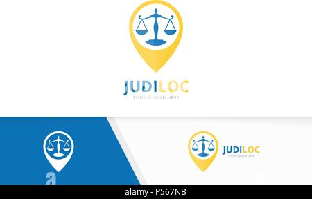 Vector libra and map pointer logo combination. Scales and gps locator symbol or icon. Unique law and pin logotype design template. Stock Vector