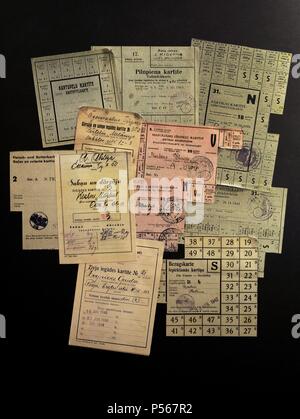 History. Latvia. Second Soviet occupation (1944-1991). Ration cards. Some dated 10.29.1944. Occupation Museum. Riga. Latvia. Stock Photo