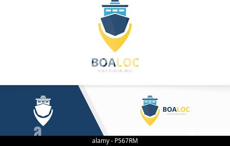 Vector ship and map pointer logo combination. Boat and gps locator symbol or icon. Unique yacht and pin logotype design template. Stock Vector