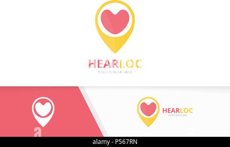 Vector heart and map pointer logo combination. Love and gps locator symbol or icon. Unique romantic and pin logotype design template. Stock Vector