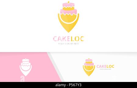 Vector cake and map pointer logo combination. Pie and gps locator symbol or icon. Unique cupcake and pin logotype design template. Stock Vector