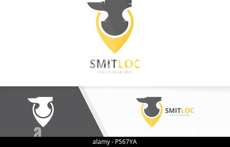 Vector smith and map pointer logo combination. Blacksmith and gps locator symbol or icon. Unique metal and pin logotype design template. Stock Vector