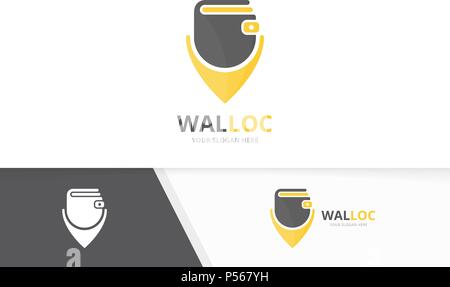 Vector wallet and map pointer logo combination. Purse and gps locator symbol or icon. Unique finance and pin logotype design template. Stock Vector