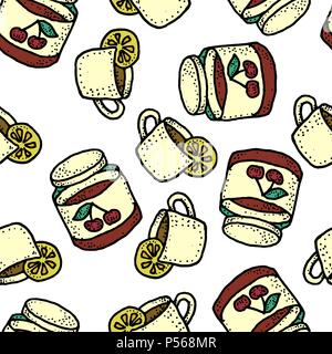 Seamless vector pattern with tea and cherry jam for craft, wrapping, textile, ceramic Stock Vector