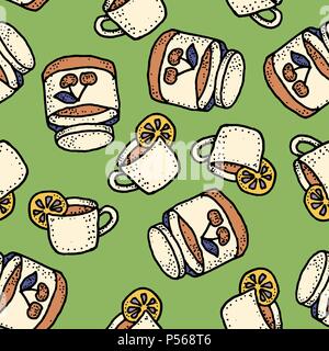 Seamless vector pattern with tea with lemon and cherry jam on green Stock Vector