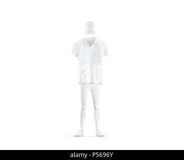 Blank white classic uniform design mock up isolated. Empty cap, polo, pants and shoes mockup. Clear delivery boy or baseball player outfit dress template. Stock Photo